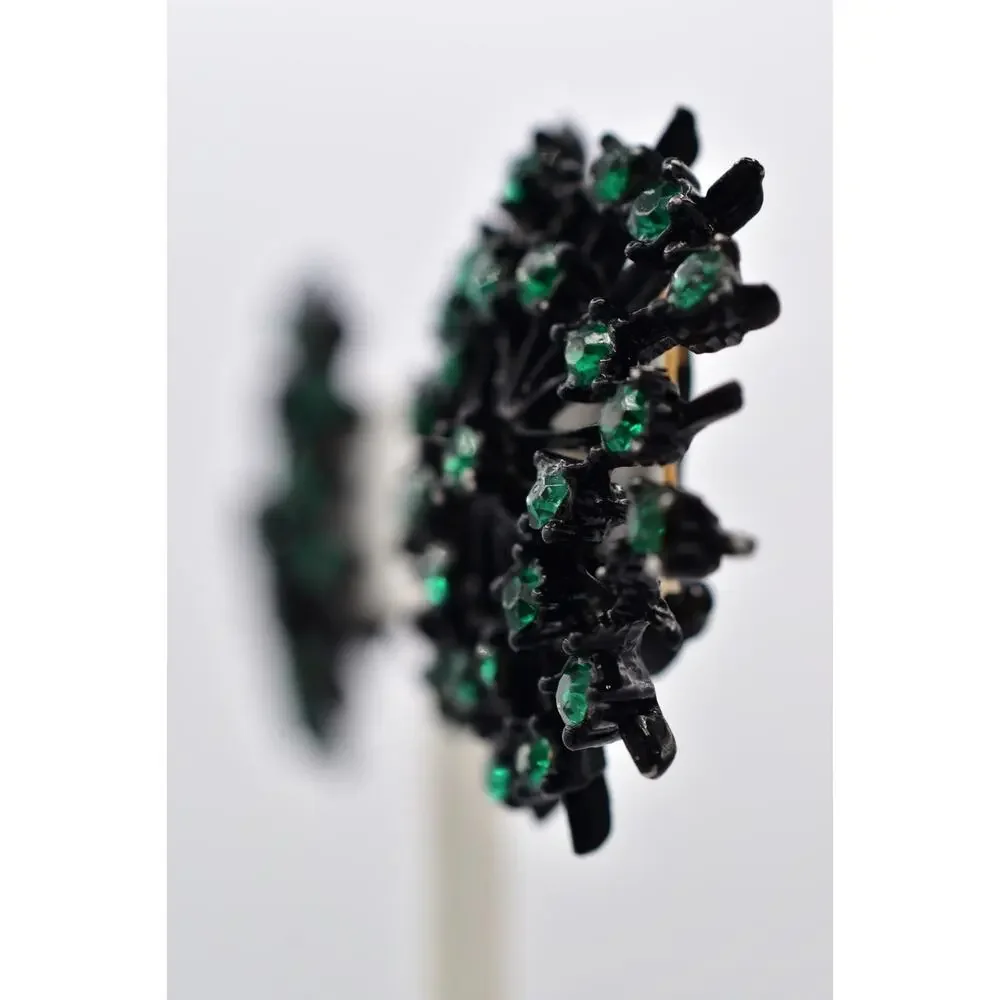 Vintage Crystal Clip On Earrings Starburst Green Rhinestone Black Metal BinBK